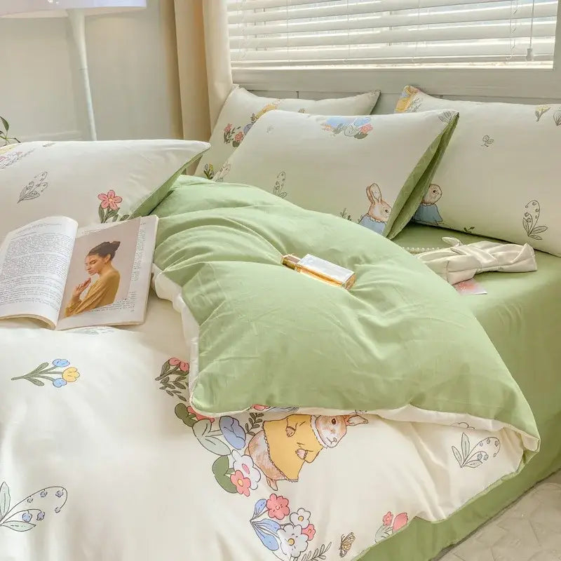 Pastel green and cream bunny-themed cartoon heart floral duvet set with embroidery for bedroom bedding