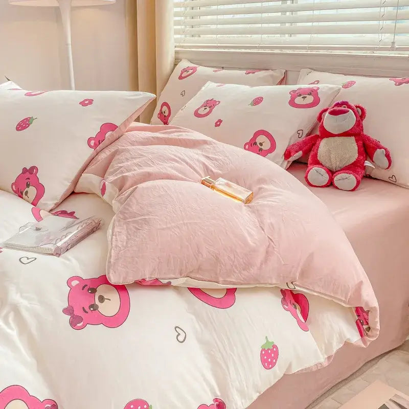 Cartoon heart floral cream and gray duvet set featuring pink bear and strawberry printed bedding for bedrooms