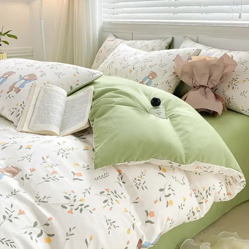 Soft mint green quilted duvet set with cartoon heart floral and bear pattern on white fabric for bedroom bedding