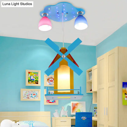DecorBites™ Cartoon House Ceiling Light: Windmill Metal 3-Light Blue Semi Flush for Shops