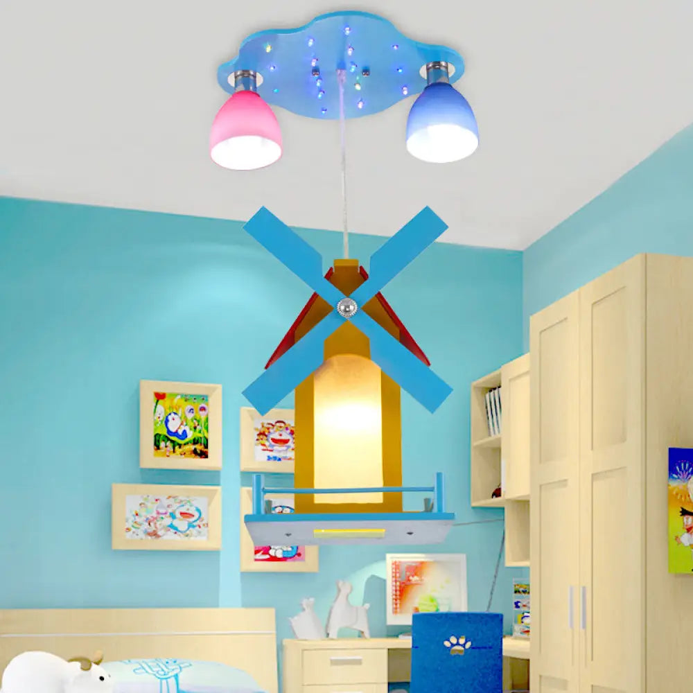 DecorBites™ Cartoon House Ceiling Light: Windmill Metal 3-Light Blue Semi Flush for Shops