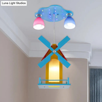 DecorBites™ Cartoon House Ceiling Light: Windmill Metal 3-Light Blue Semi Flush for Shops