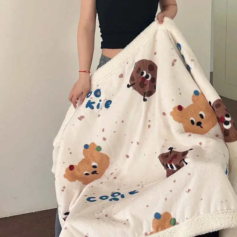 Cozy cream cartoon lamb wool blanket with playful cookies and bears decorbites cartoon lamb for pink floral sofa decor