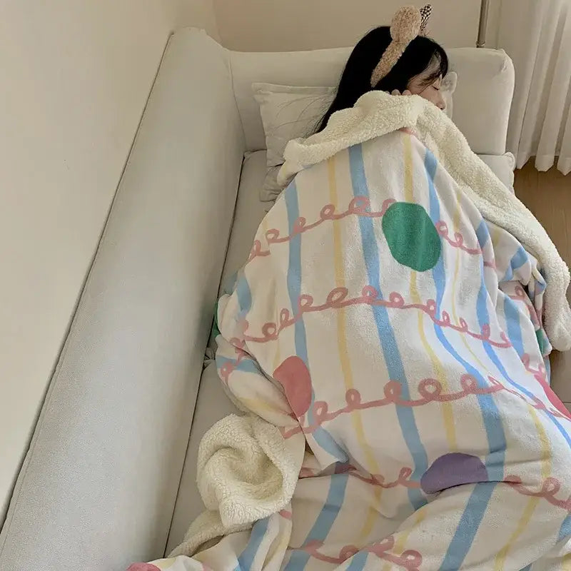 Cozy decorbites cartoon lamb wool blanket with plush white base pastel stripes and colorful circular patterns for bedroom decor