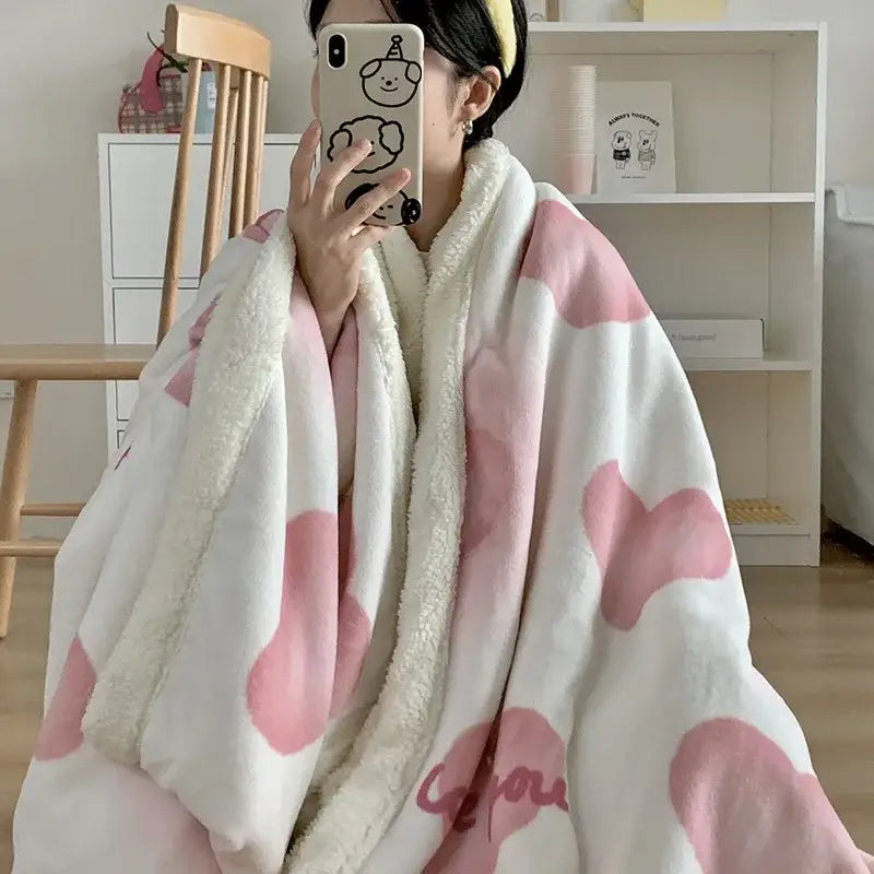 A cozy white and pink heart-patterned decorbites cartoon lamb wool blanket with plush sherpa texture for bedroom sofa decor