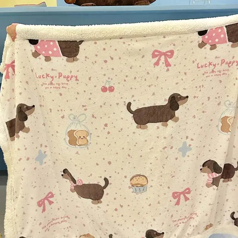 Cream-colored cartoon lamb wool blanket with brown dachshund pattern and pink floral decorbites cartoon lamb design