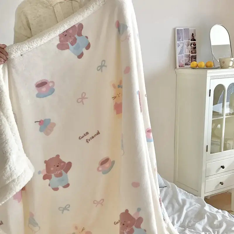 Cream-colored decorbites cartoon lamb wool blanket with soft texture and pink floral cartoon lamb pattern for bedroom decor