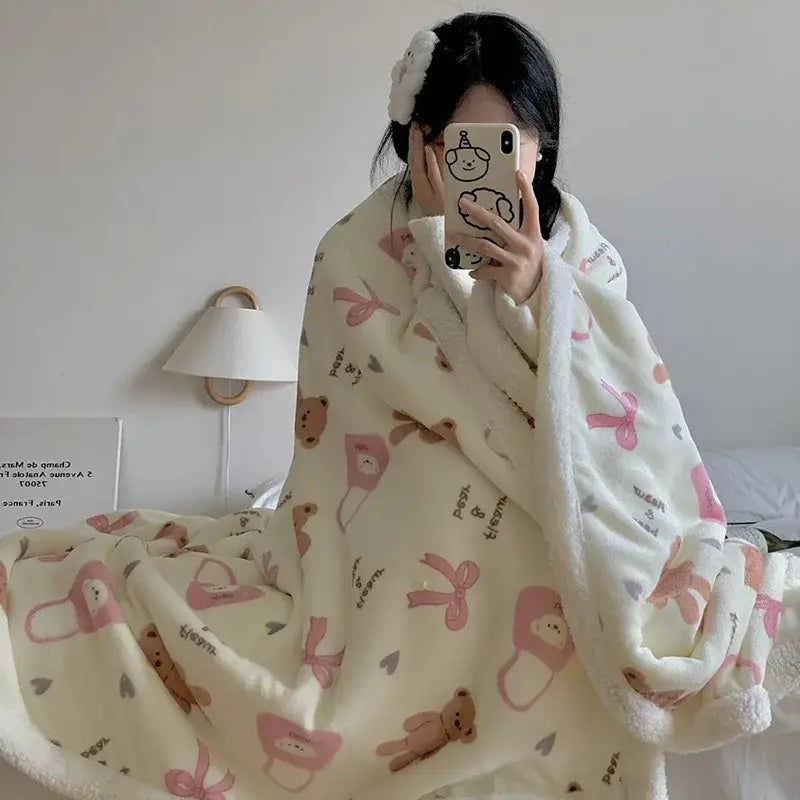 Cream-colored cartoon lamb wool blanket with pink bows and brown teddy bears for floral bedroom decorbites cartoon lamb