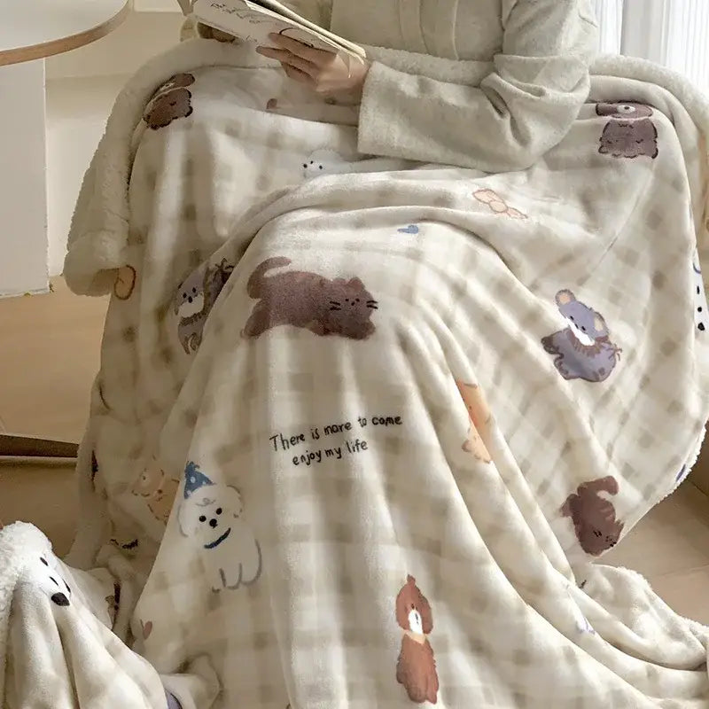 Cream-colored cartoon lamb wool blanket with soft texture and animal pattern for pink floral bedroom decorbites cartoon lamb