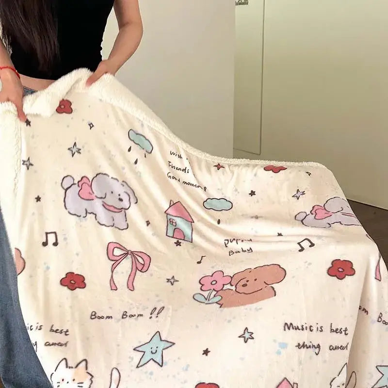 Cream-colored decorbites cartoon lamb wool blanket with soft plush texture and playful pastel dog and floral design