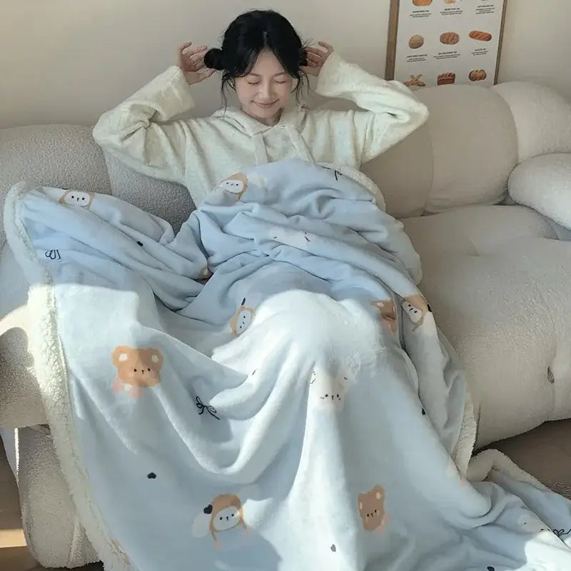 Light blue plush cartoon lamb wool blanket with soft texture and beige bear faces for decorbites cartoon lamb decor