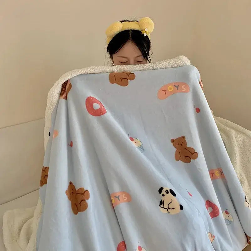 Light blue decorbites cartoon lamb wool blanket with soft white fleece border and playful pastel prints for bedroom decor