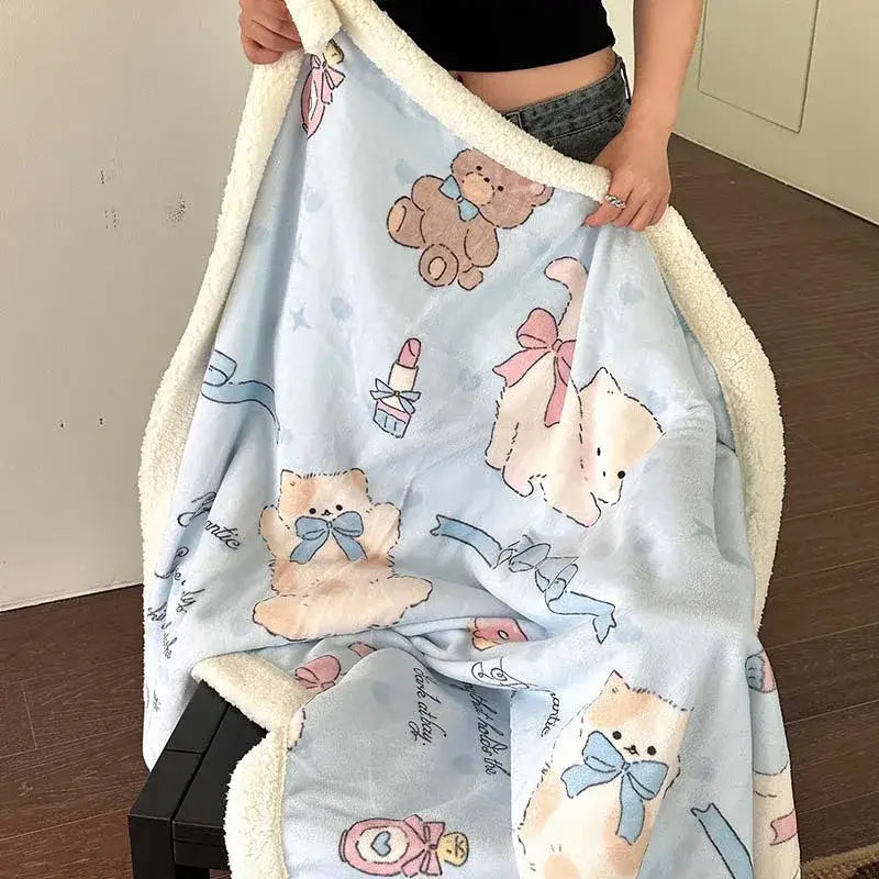 Light blue plush decorbites cartoon lamb wool blanket with white fleece border featuring bears and cats for bedroom decor