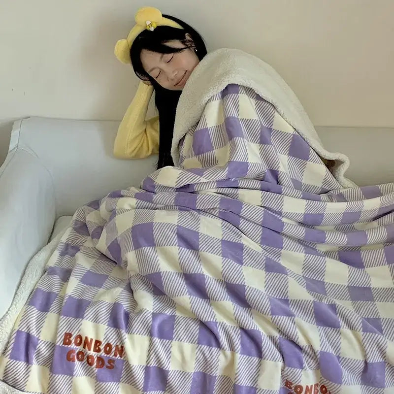 Purple and cream checkered decorbites cartoon lamb wool blanket with soft plush texture for pink floral bedroom sofa cover