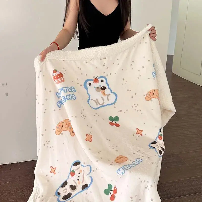Soft cream-colored cartoon lamb wool blanket with pastel animal and food prints for pink floral bedroom decorbites cartoon lamb