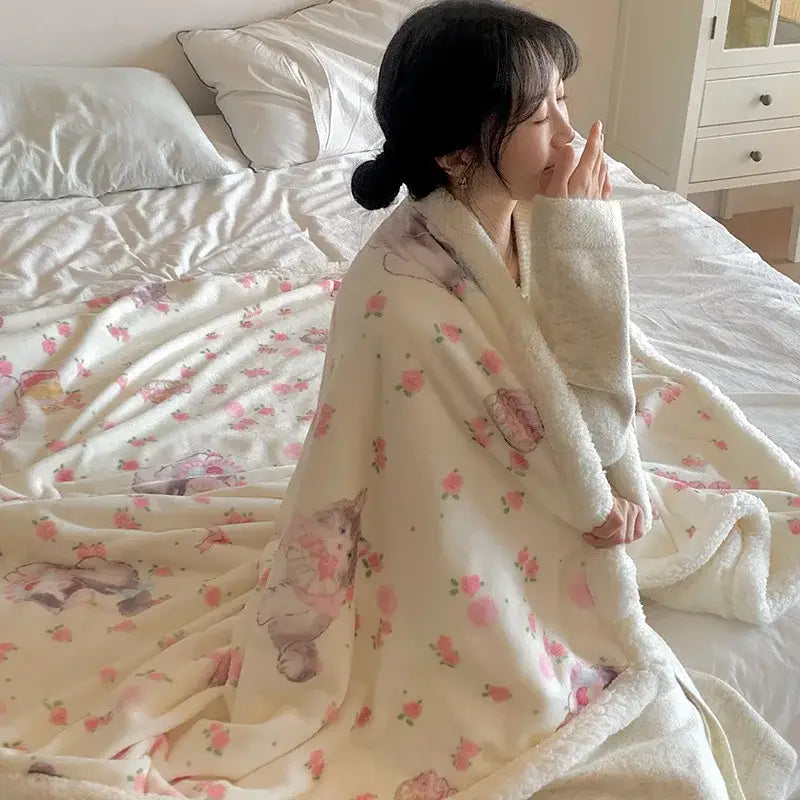 Soft cream-colored decorbites cartoon lamb wool blanket with pink floral and bunny patterns for bedroom sofa decor