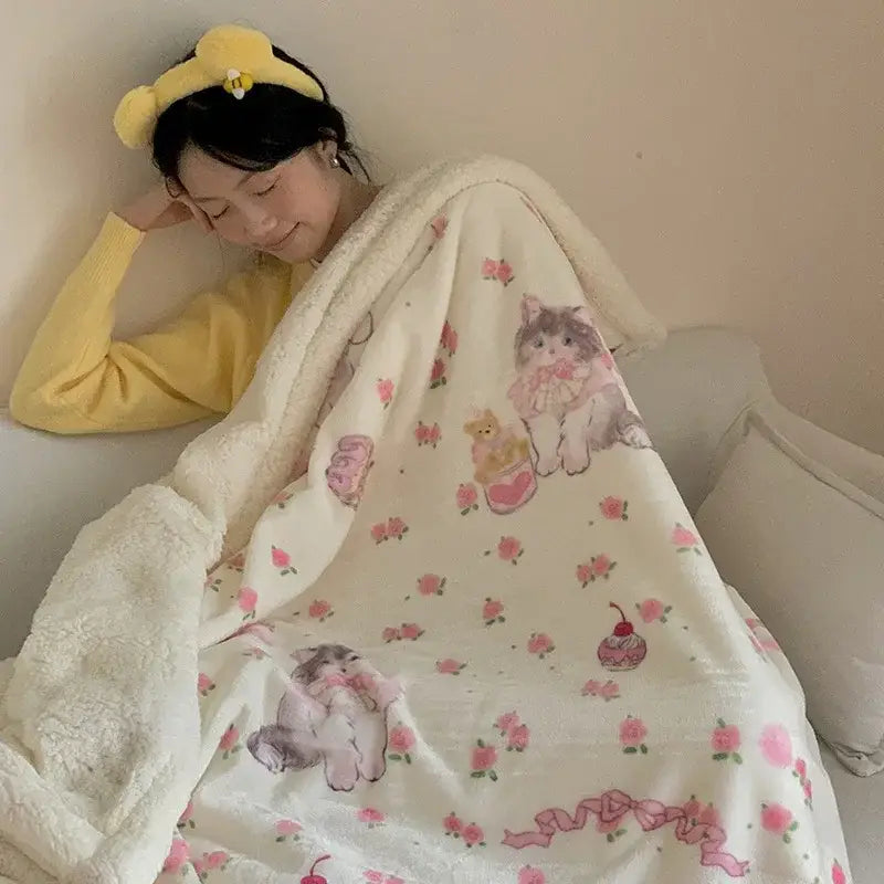 Soft cream-colored decorbites cartoon lamb wool blanket with plush texture and pink gray cat illustrations for bedroom decor