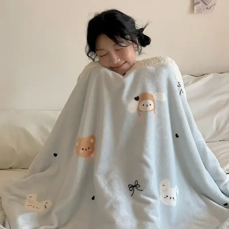 Soft light blue cartoon lamb wool blanket with embroidered bears and black hearts for pink floral decorbites bedroom