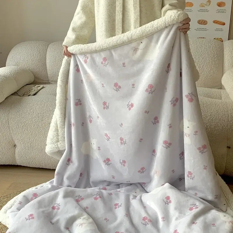 Soft white decorbites cartoon lamb wool blanket with pink floral pattern and cream fleece lining for bedroom sofa cover