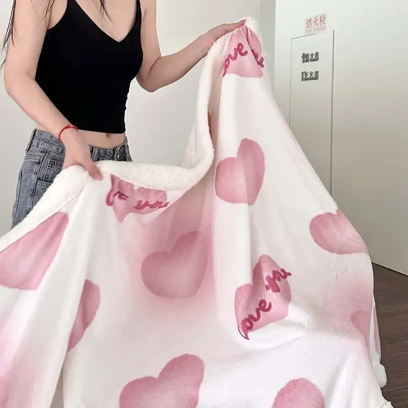 A soft white cartoon lamb wool blanket with pink heart patterns and love you embroidery, plush fleece and sherpa lining