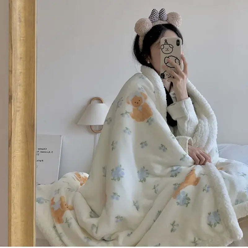 Soft white plush cartoon lamb wool blanket with embroidered orange bears and blue floral decorbites lamb wool blanket