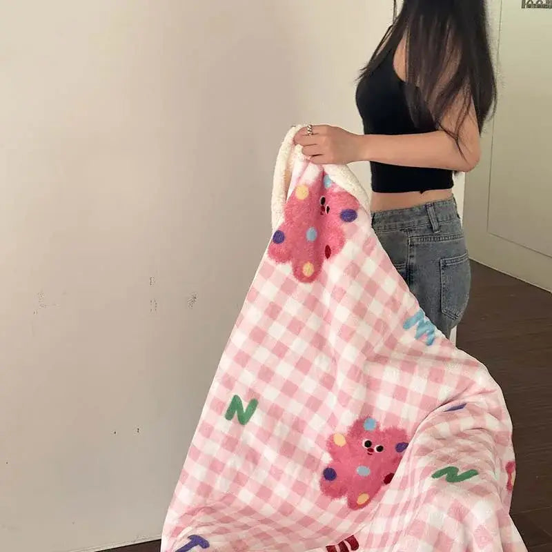 Pink and white checkered cartoon lamb wool blanket with plush pink bear appliqués for floral bedroom decorbites cartoon lamb