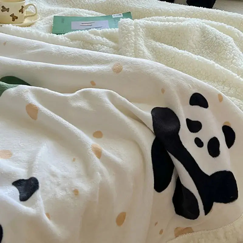 Cream-colored cartoon lamb wool blanket with black panda design and tan polka dots for bedroom use