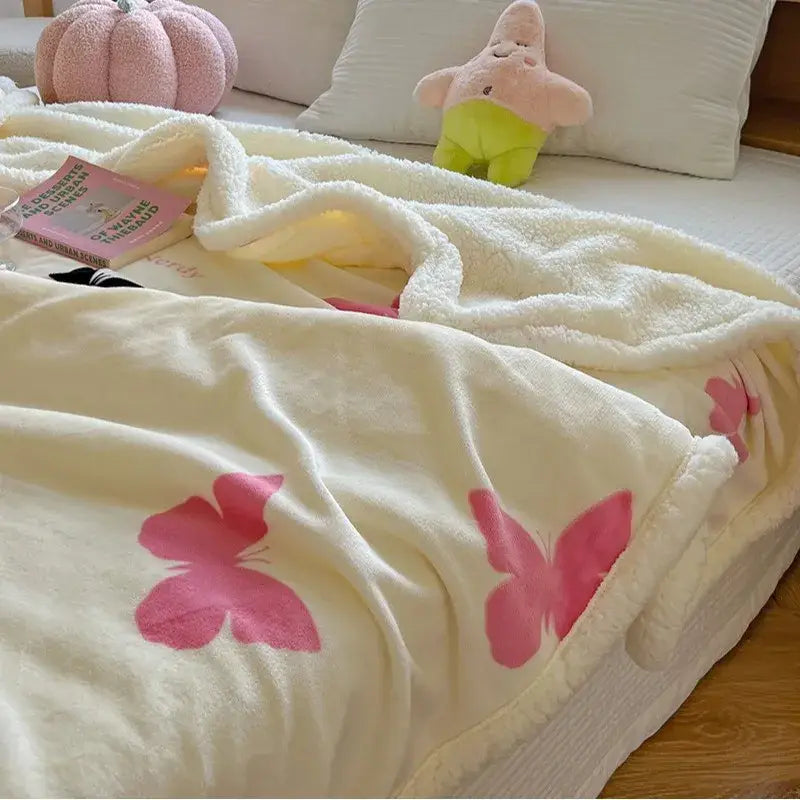 Cream-colored plush lamb wool blanket with pink butterfly prints from cartoon lamb wool bedroom throw collection