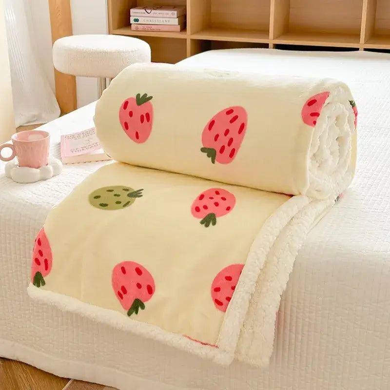 Cream-colored cartoon lamb wool blanket with pink green strawberry prints soft fleece texture bedroom throw