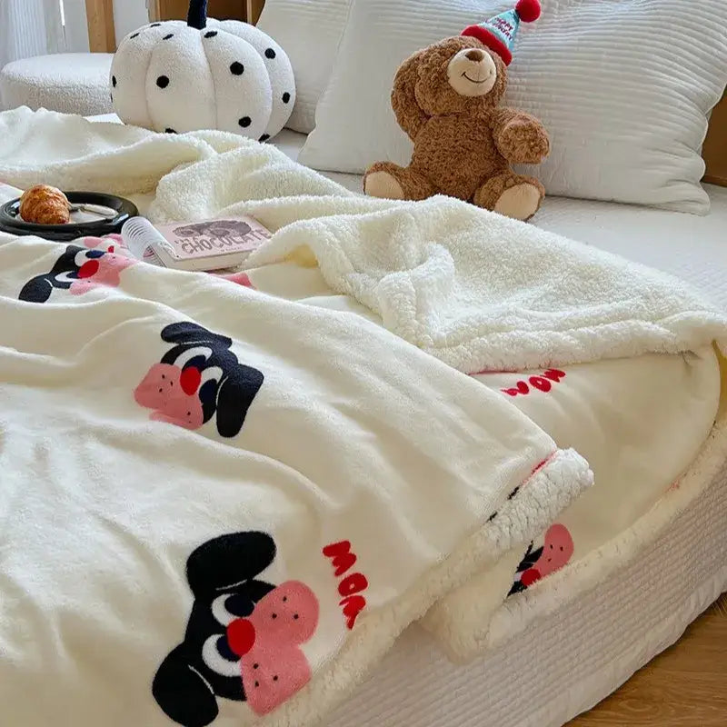 Cream-colored lamb wool blanket with playful cartoon lamb dog faces in black pink and red for bedroom throw use