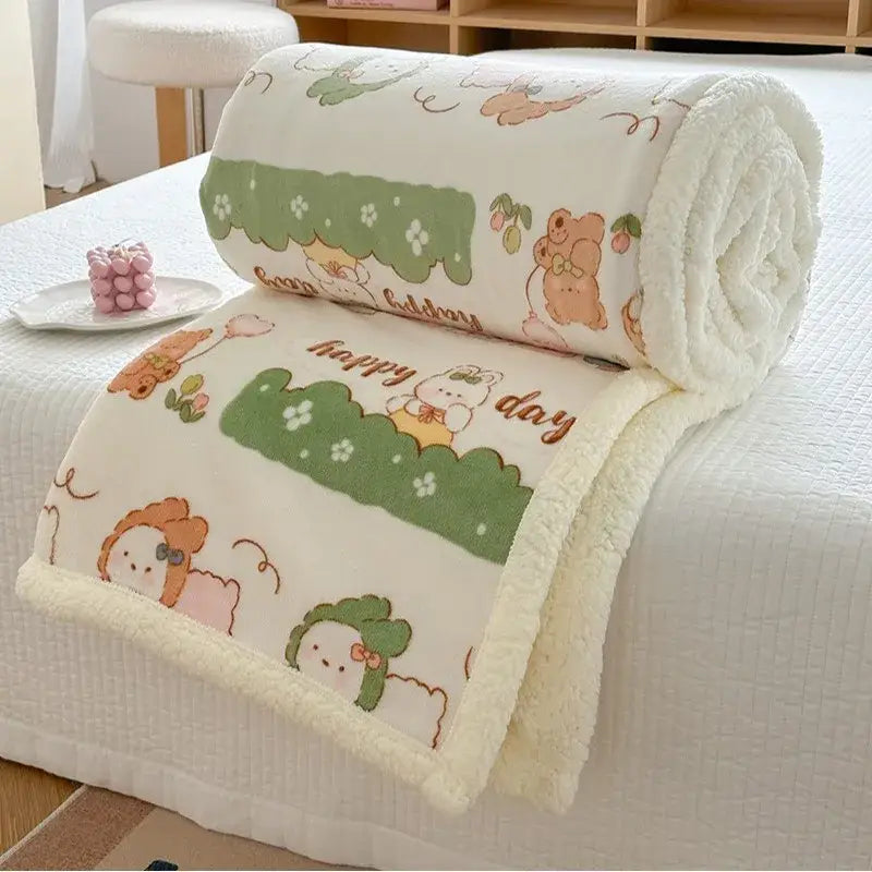 A cream-colored cozy lamb wool blanket with plush texture and pastel cartoon lamb wool animal prints