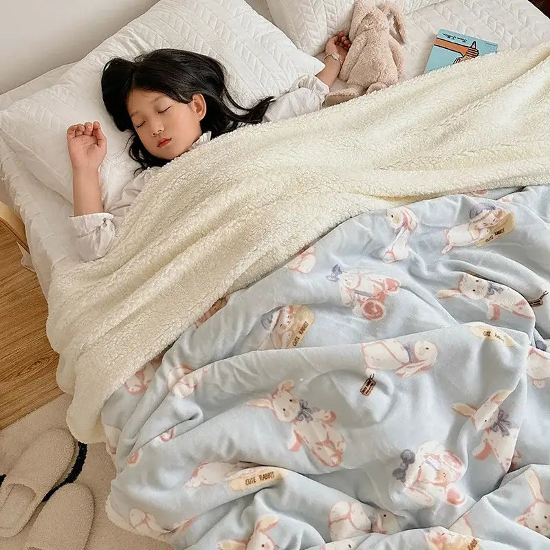Light blue lamb wool blanket with plush texture and pastel cartoon lamb pattern for cream and green bedroom throw