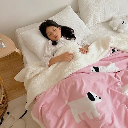 Pink cartoon lamb wool blanket with white cartoon dog prints and plush sherpa texture for bedroom throw