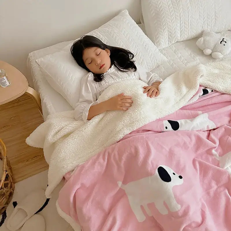 Pink cartoon lamb wool blanket with white cartoon dog prints and plush sherpa texture for bedroom throw