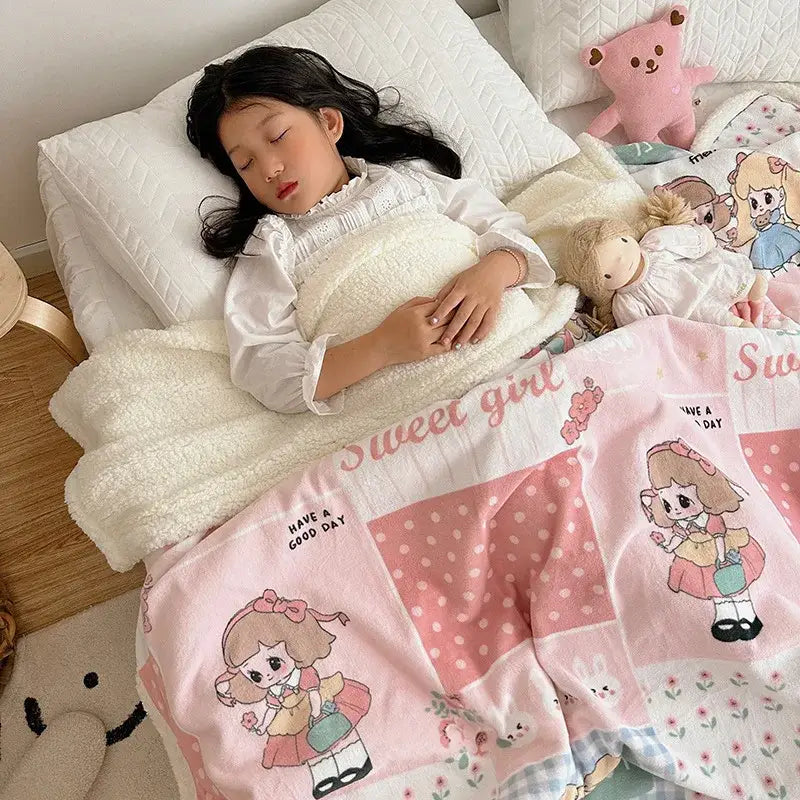 Pink and white lamb wool blanket with cartoon lamb designs polka dots and floral patterns for bedroom throw