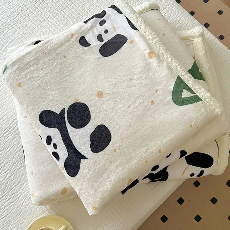 A cream cartoon lamb wool blanket with playful black panda faces and gold dots for bedroom throws