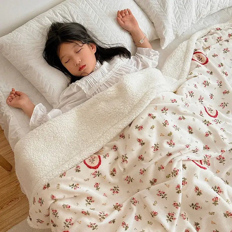 A soft cream lamb wool blanket with a delicate pink and green floral pattern for bedroom use