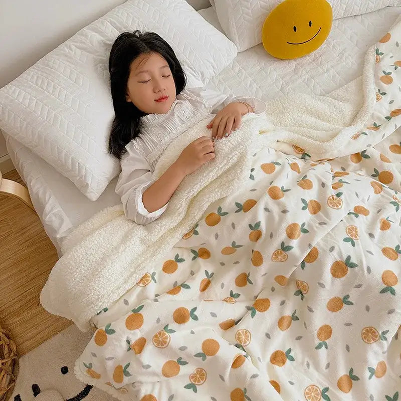 Soft white and orange citrus-patterned cartoon lamb wool blanket with cozy plush texture for bedroom use
