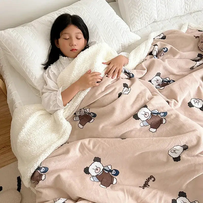 Soft pink cartoon lamb wool blanket with plush white sherpa lining featuring pandas in brown and blue outfits