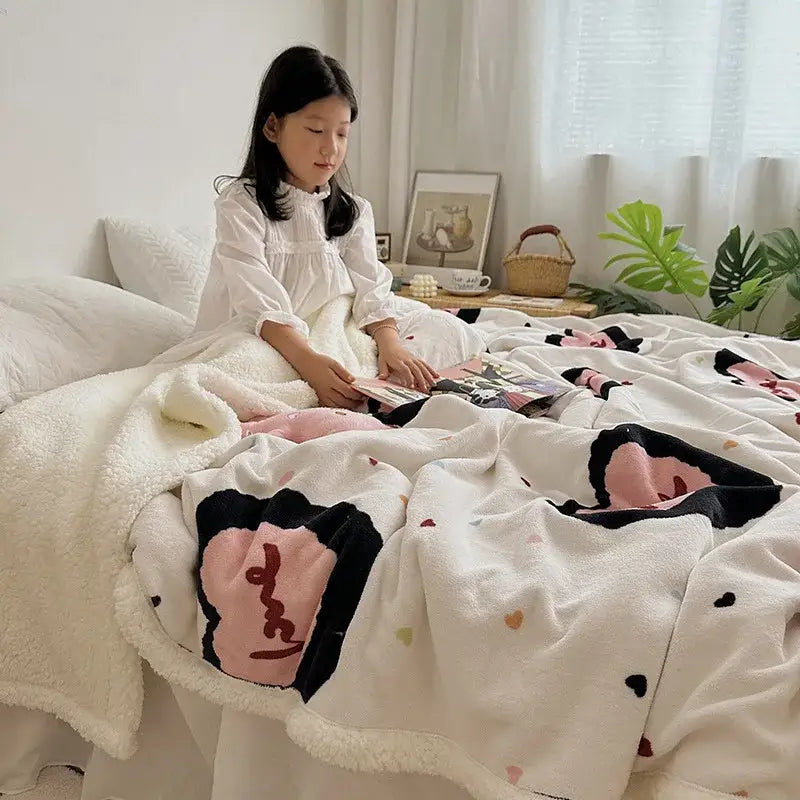 White plush lamb wool blanket with pink and black cartoon lamb face patches and heart motifs for bedroom throw