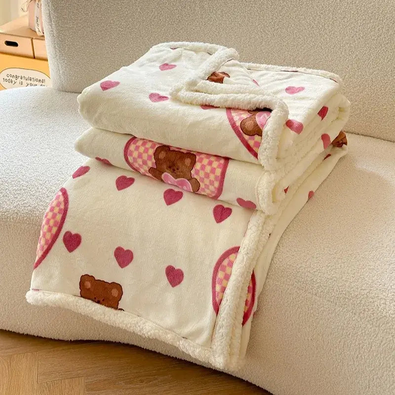 White plush lamb wool blanket with pink hearts brown teddy bears and soft fleece border for cream and green bedroom throw
