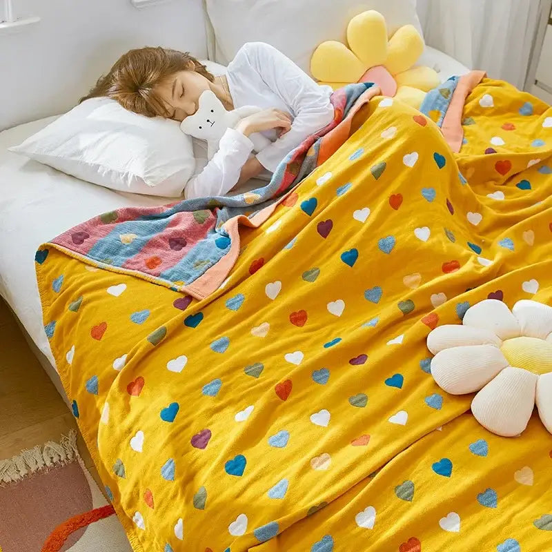 Yellow cartoon lion cotton throw blanket with multicolored hearts plush texture for decorbites bedroom decor