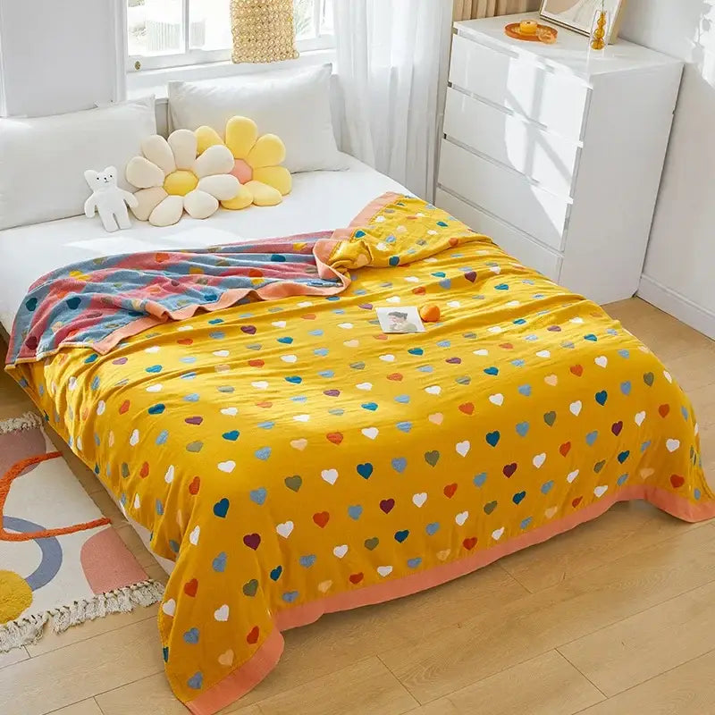 Yellow cartoon lion cotton throw blanket with plush multicolored heart pattern for decorbites bedroom decor