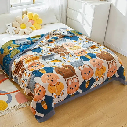 Cozy cartoon lion cotton throw blanket with playful animal pattern on blue background and gray trim for bedroom decorbites decor