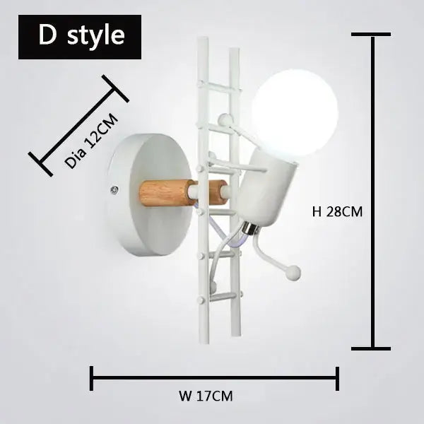 White ladder-style wall lamp with wooden handle and spherical bulb for decorbites cartoon matchstick man kids room