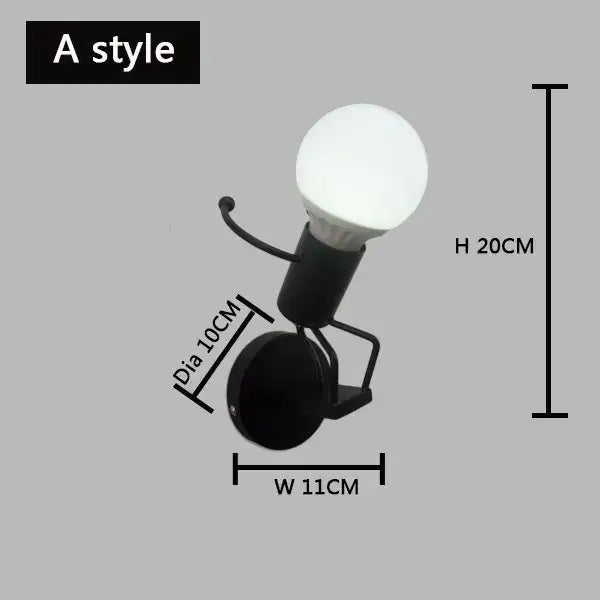Black metal wall lamp with round frosted glass bulb and articulated arm decorbites cartoon matchstick man for kids room