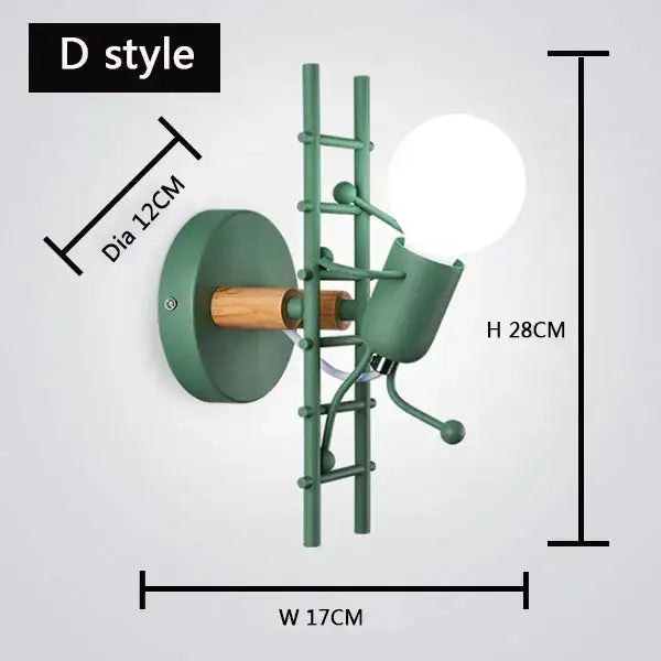 Green ladder-style wall lamp with wooden accent and spherical bulb decorbites cartoon matchstick man sconce for kids room