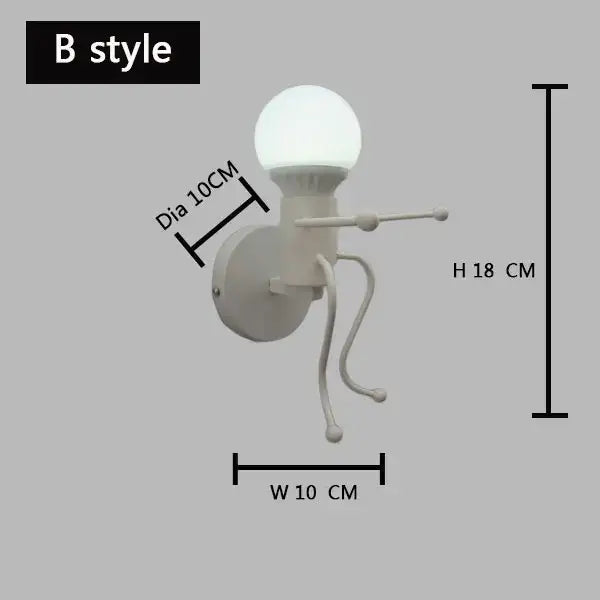 White ceramic wall lamp with spherical bulb and whimsical articulated legs decorbites cartoon matchstick man sconce for kids room