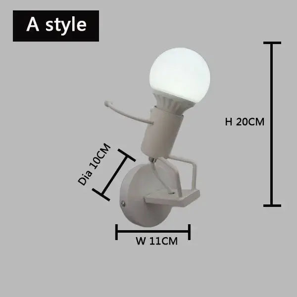 White wall lamp with spherical bulb and articulated arm in black metal for decorbites cartoon matchstick man kids room