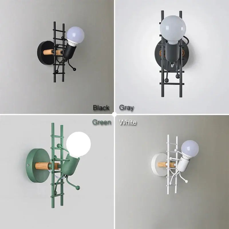 Black metal ladder-style cartoon matchstick man wall lamp with wooden handle and exposed bulb for kids room decorbites